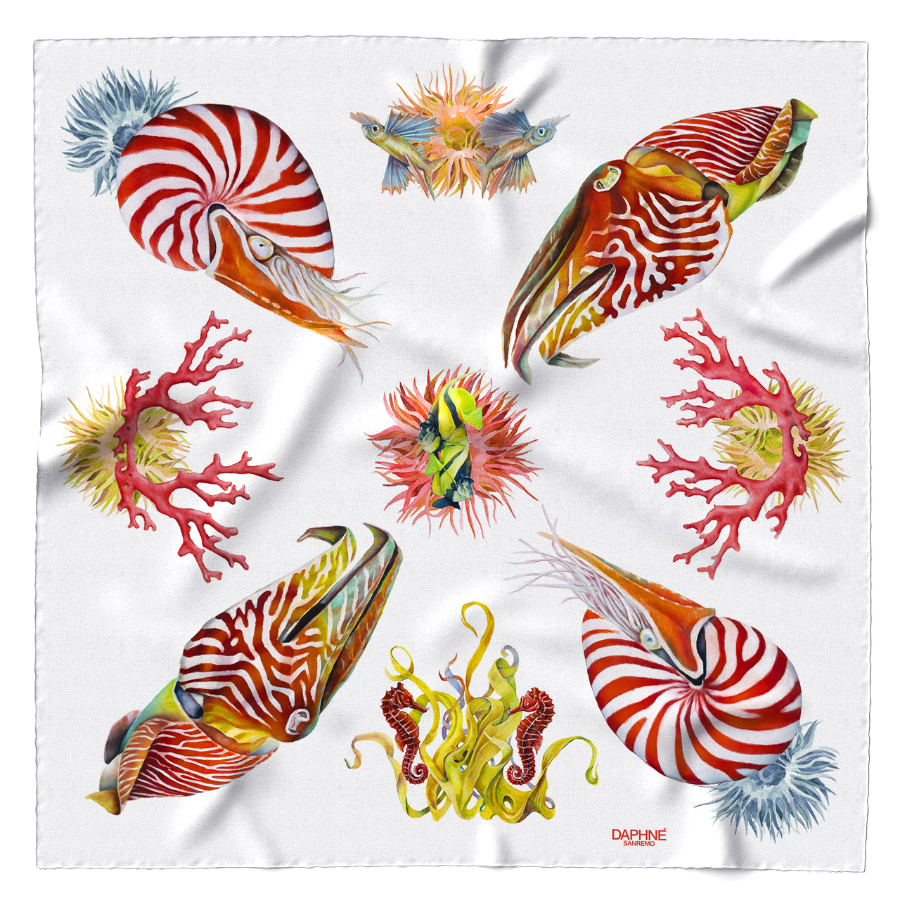 Foulard Nautilus e Seppie fondo bianco