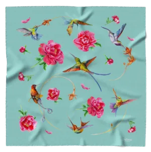 Foulard Colibrì e Peonie fondo tiffany