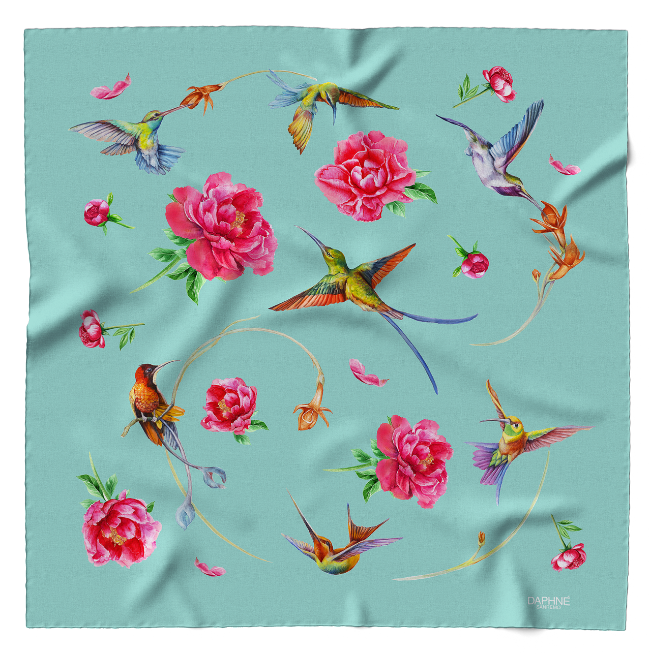 Foulard Colibrì e Peonie fondo tiffany