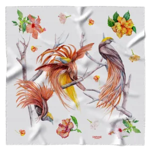Foulard Uccelli del Paradiso e ibiscus fondo bianco