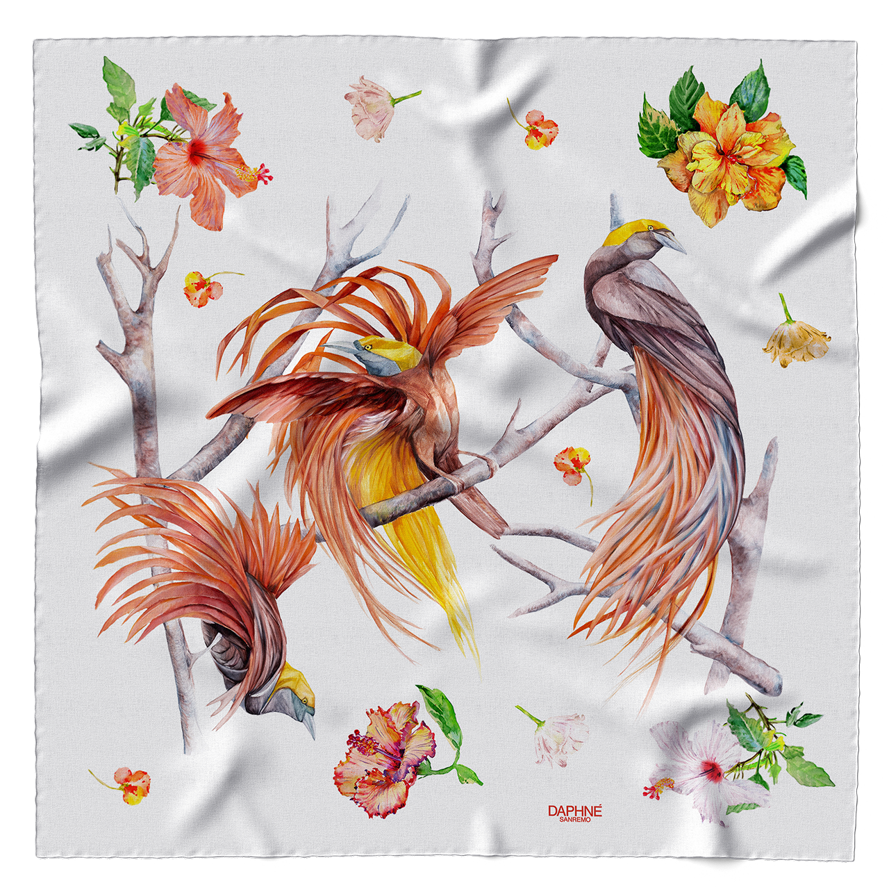 Foulard Uccelli del Paradiso e ibiscus fondo bianco